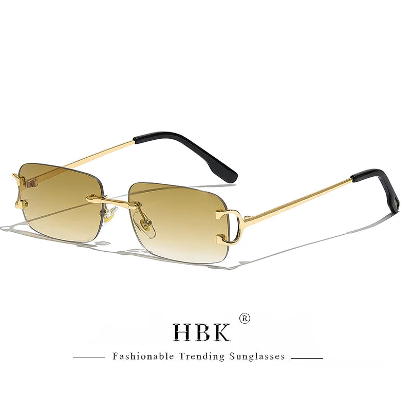 HBK rétro lunettes de soleil sans monture pour femmes hommes petit carré cadre doré marque Design thé nuances Rectangle UV400 Zonnebril lunettes