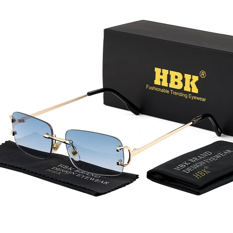 HBK rétro lunettes de soleil sans monture pour femmes hommes petit carré cadre doré marque Design thé nuances Rectangle UV400 Zonnebril lunettes