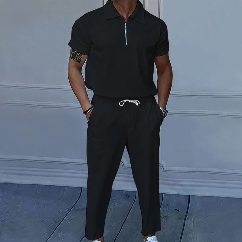 Ensemble pour hommes, col, manches courtes, pantalon à fermeture éclair, grand 2 pièces