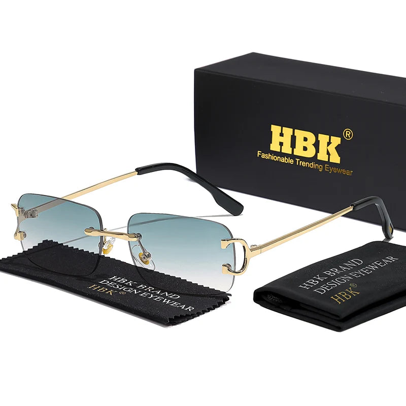 HBK rétro lunettes de soleil sans monture pour femmes hommes petit carré cadre doré marque Design thé nuances Rectangle UV400 Zonnebril lunettes