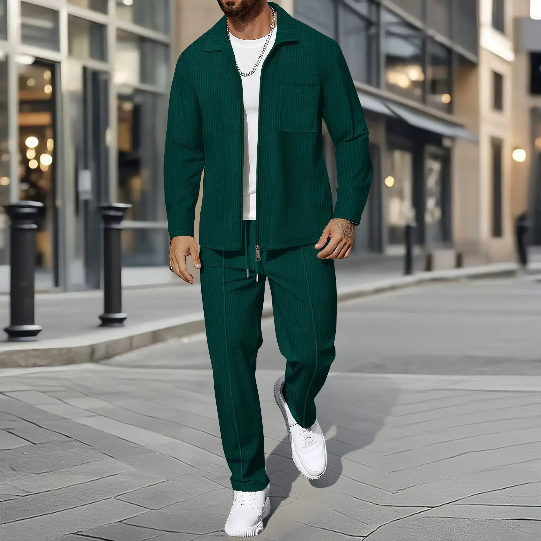 Ensemble deux pièces décontracté pour hommes, chemise gaufrée à fermeture éclair, manteau et pantalon, tenue tendance, printemps-automne