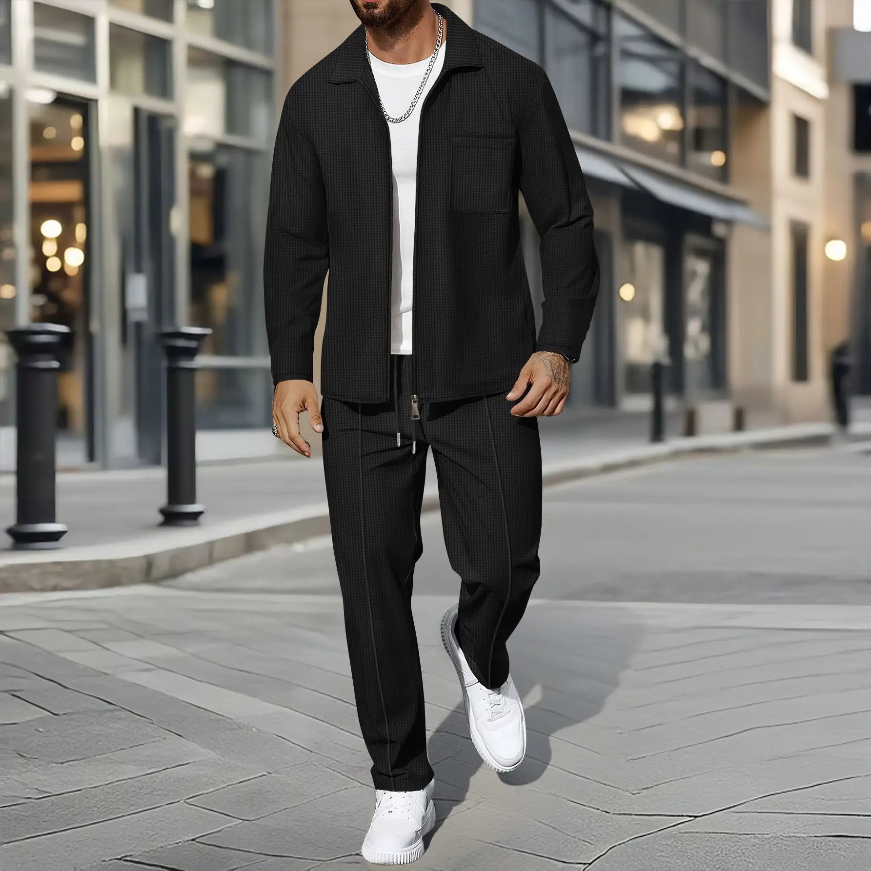 Ensemble deux pièces décontracté pour hommes, chemise gaufrée à fermeture éclair, manteau et pantalon, tenue tendance, printemps-automne