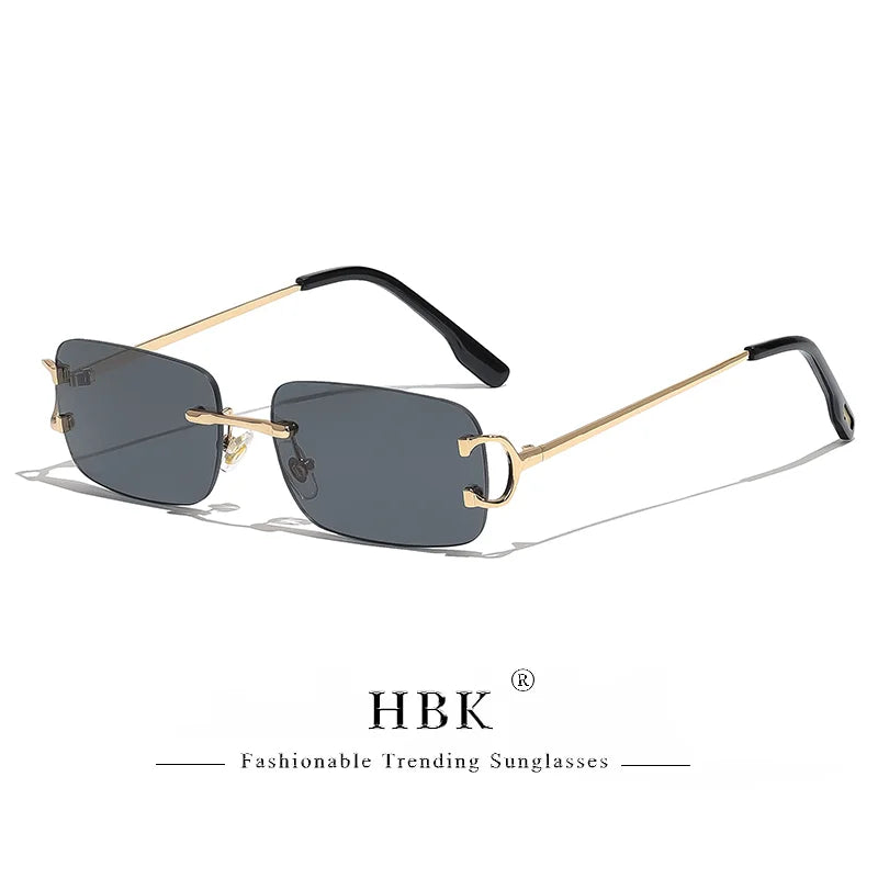HBK rétro lunettes de soleil sans monture pour femmes hommes petit carré cadre doré marque Design thé nuances Rectangle UV400 Zonnebril lunettes