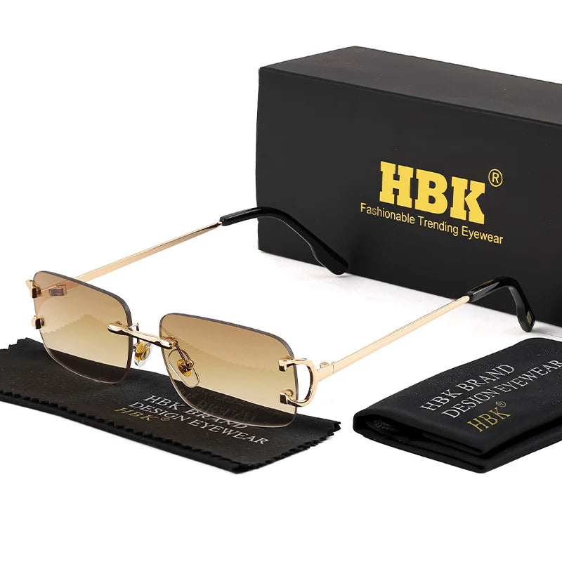 HBK rétro lunettes de soleil sans monture pour femmes hommes petit carré cadre doré marque Design thé nuances Rectangle UV400 Zonnebril lunettes