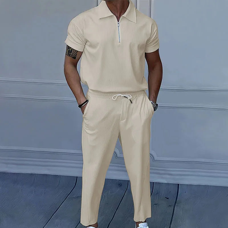 Ensemble pour hommes, col, manches courtes, pantalon à fermeture éclair, grand 2 pièces