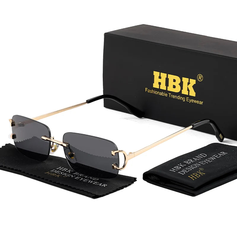 HBK rétro lunettes de soleil sans monture pour femmes hommes petit carré cadre doré marque Design thé nuances Rectangle UV400 Zonnebril lunettes