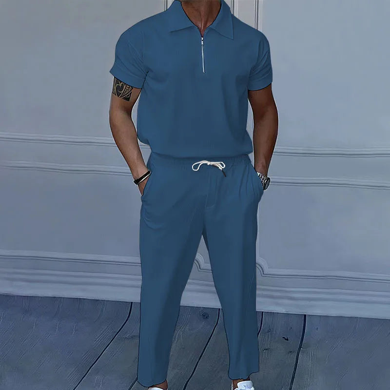 Ensemble pour hommes, col, manches courtes, pantalon à fermeture éclair, grand 2 pièces