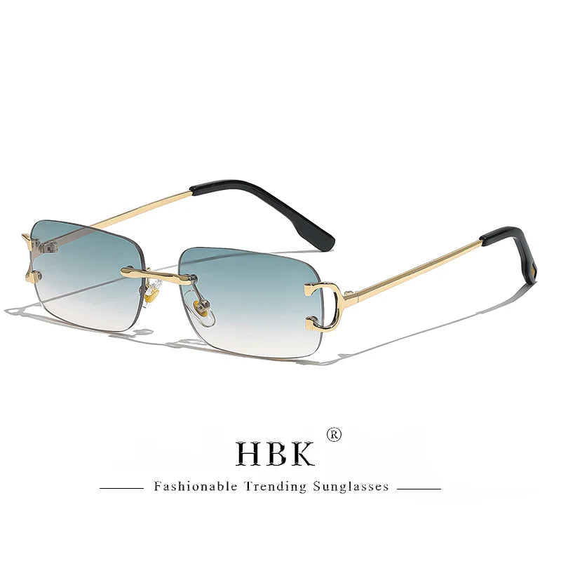 HBK rétro lunettes de soleil sans monture pour femmes hommes petit carré cadre doré marque Design thé nuances Rectangle UV400 Zonnebril lunettes
