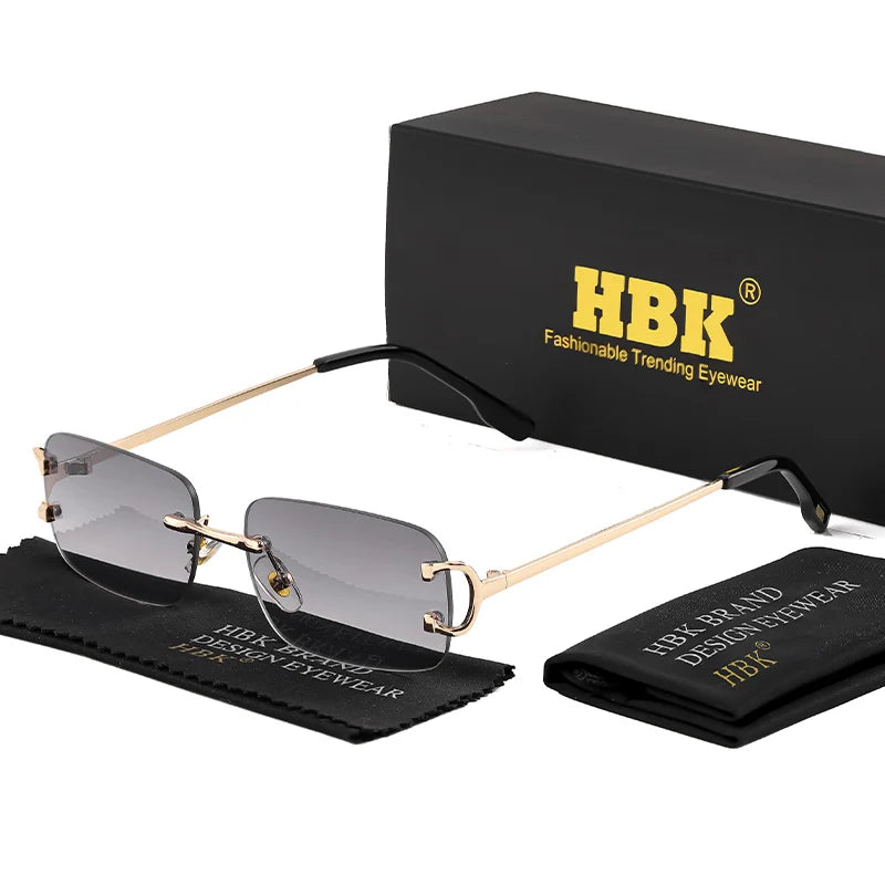HBK rétro lunettes de soleil sans monture pour femmes hommes petit carré cadre doré marque Design thé nuances Rectangle UV400 Zonnebril lunettes