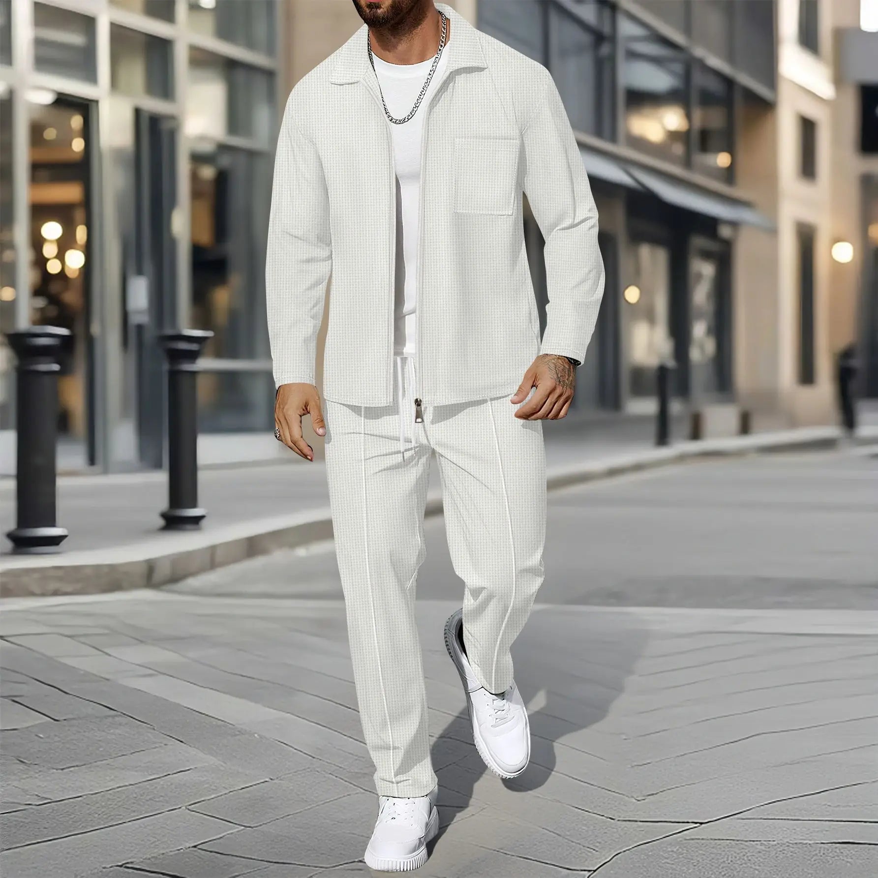 Ensemble deux pièces décontracté pour hommes, chemise gaufrée à fermeture éclair, manteau et pantalon, tenue tendance, printemps-automne